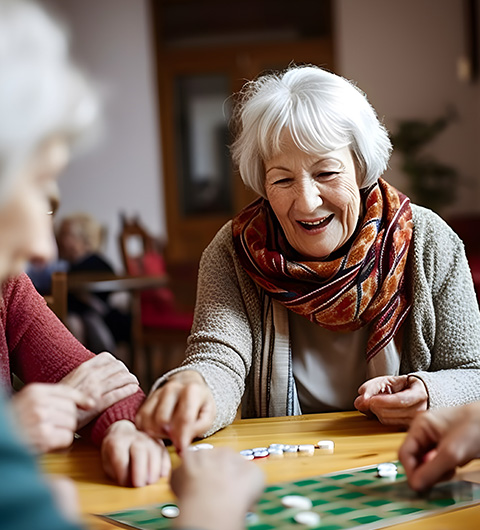 an older lady playing a table top game with other elderly people